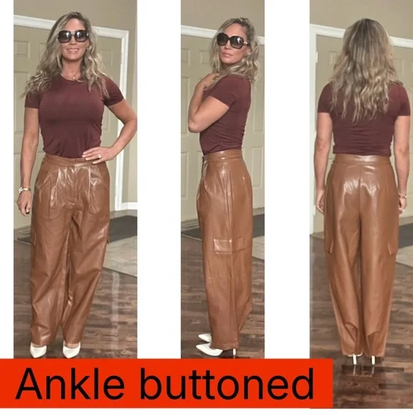 Anthropologie Twentysixhundred Brown faux leather cargo utility wide leg pants - Picture 4 of 17